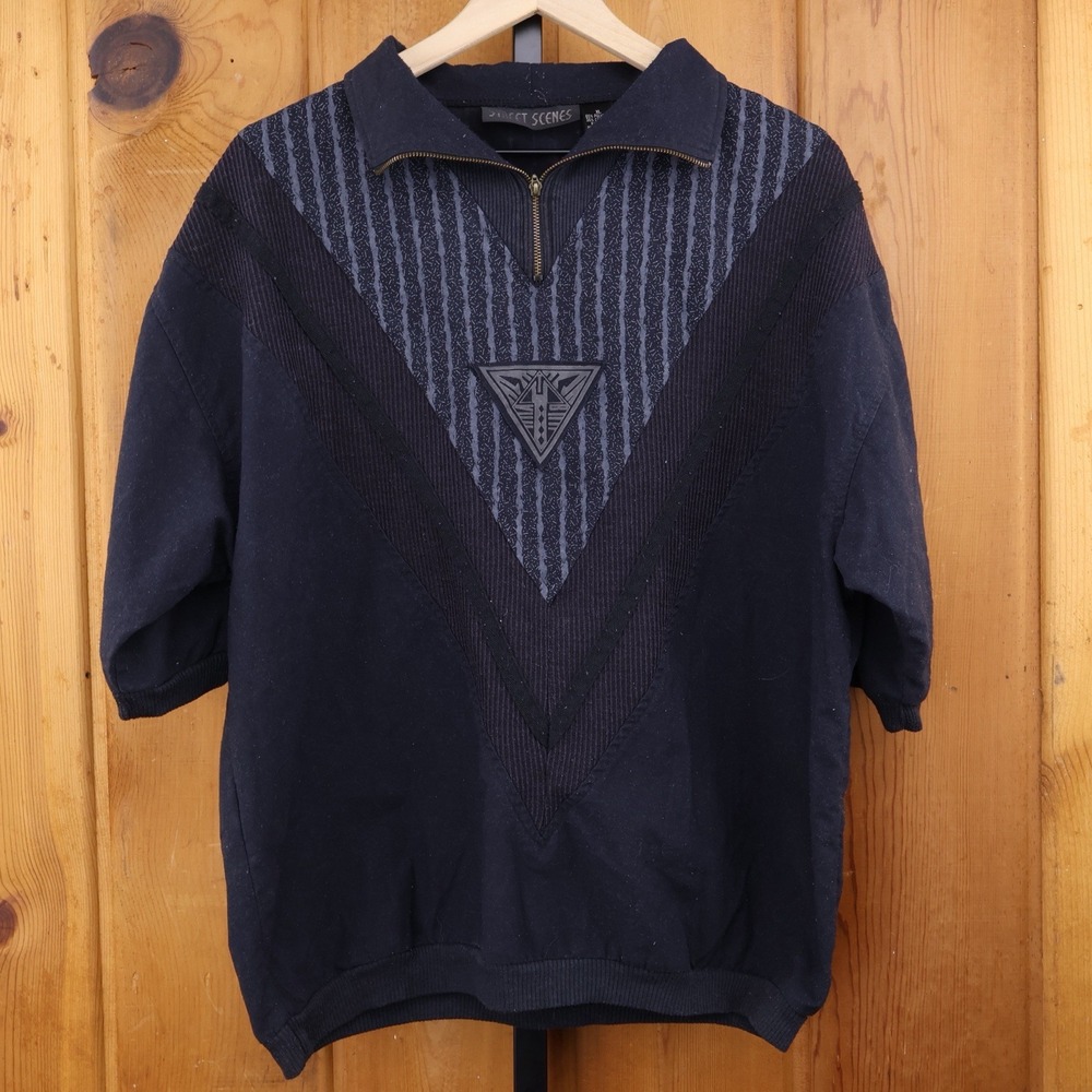 Vintage Street Scenes Mens XL Quarter Zip Shirt Black Geometric 90s Boxy Retro